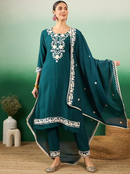 Teal Green Floral Embroidered Jacquard Straight Kurta With Trousers & Dupatta