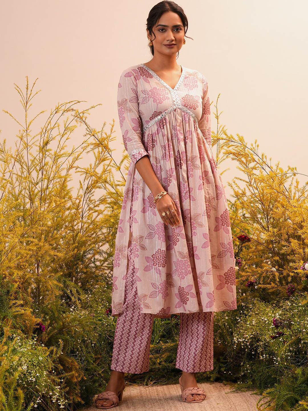 Floral Printed V-Neck Three-Quarter Sleeves Empire Mirror Work Pure Cotton Kurta set