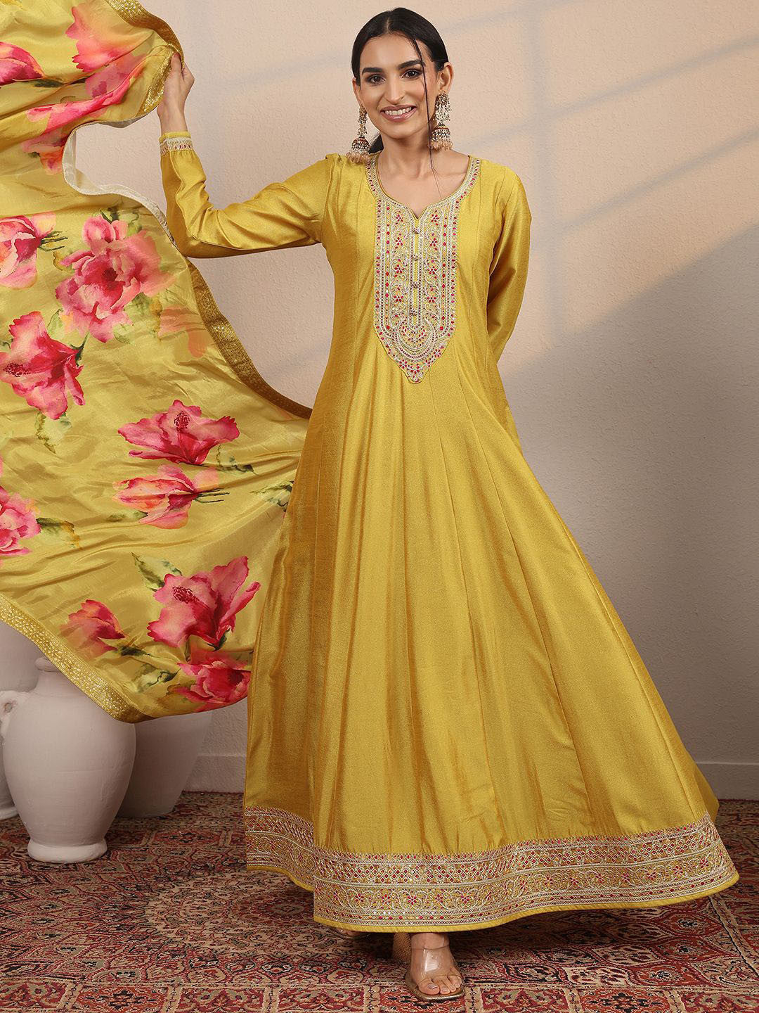 Ethnic Motifs Embroidered Round Neck Flared Anarkali Kurta With Trouser & Dupatta
