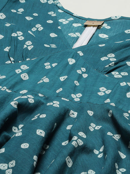 Dhiyona AY Women's Teal Green & White Bandhani Printed Pure Cotton A-Line Midi Dress