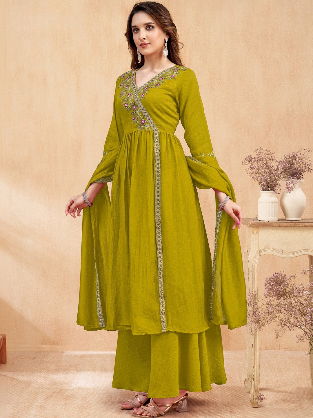 Embroidered V-Neck Kurta Trousers & Dupatta