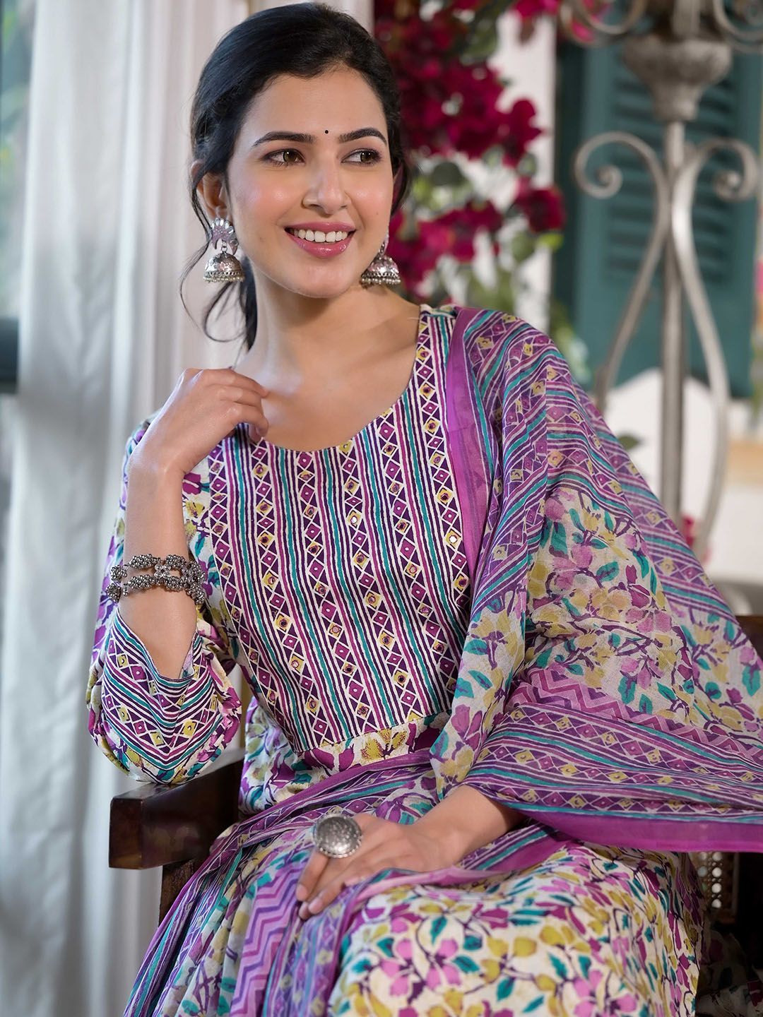 Dhiyona KL Floral Printed Regular Mirror Work Pure Cotton Kurta With Trousers & Dupatta