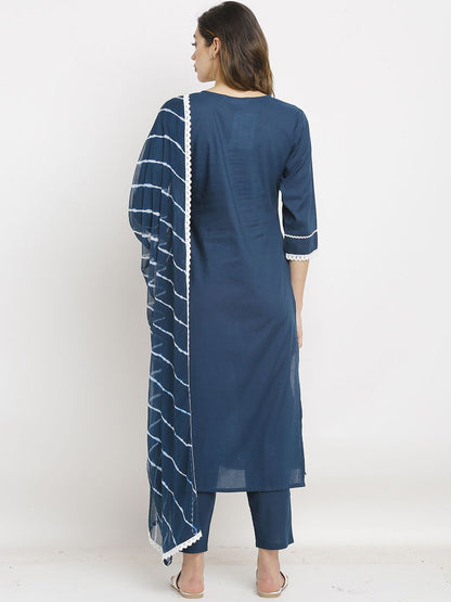 Dhiyona KL Floral Embroidered Pure Cotton Straight Kurta with Trousers & Dupatta
