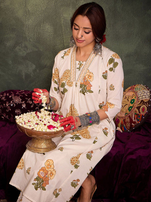 Dhiyona IE Floral Printed Pure Cotton A-Line Tunic With Palazzo