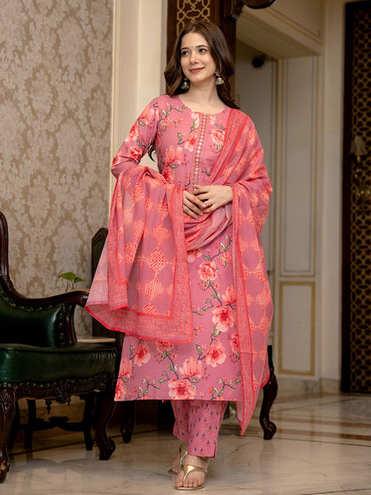 Dhiyona KL Floral Printed Mirror Work Straight Kurta With Trousers & Dupatta