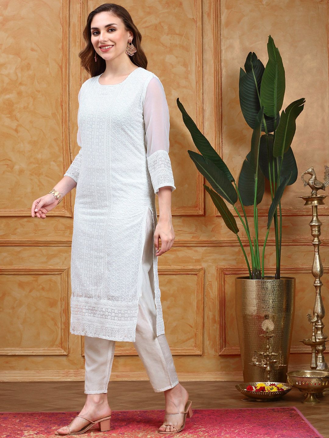 Dhiyona IS Women's Paisley Embroidered Regular Chikankari Kurta with Trousers & With Dupatta
