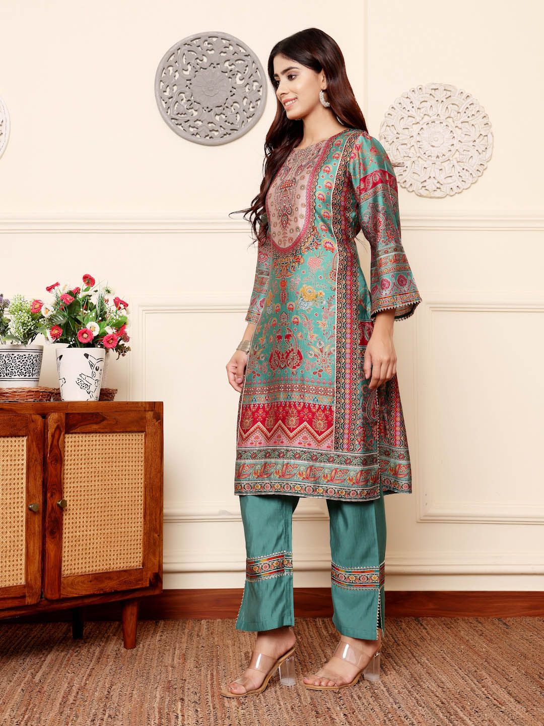 Turquoise Blue Ethnic Motifs Printed Chanderi Silk Tunic With Trousers