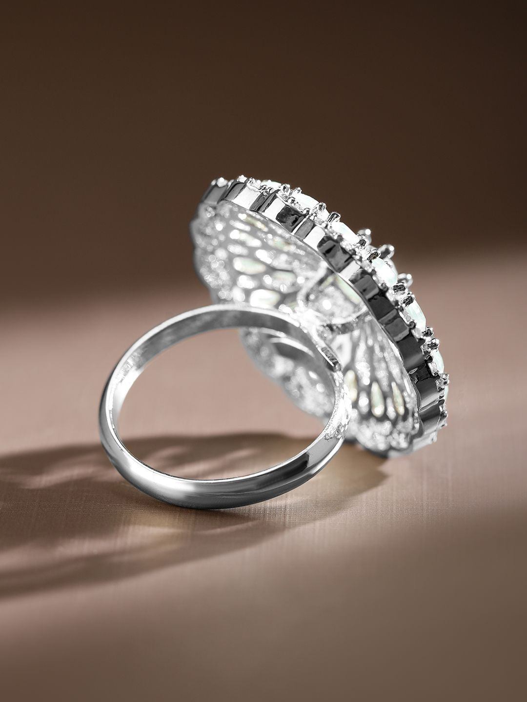 Dhiyona RJ Women's Rhodium-Plated Cubic Zirconia Studded Floral Adjustable Finger Ring