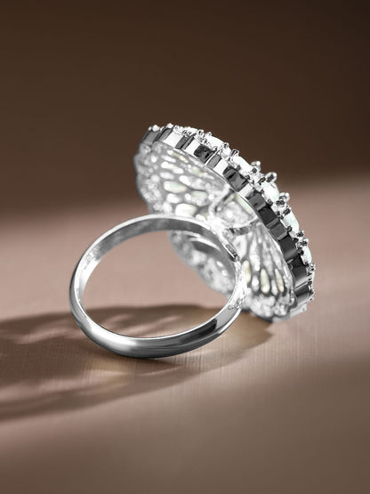 Dhiyona RJ Women's Rhodium-Plated Cubic Zirconia Studded Floral Adjustable Finger Ring