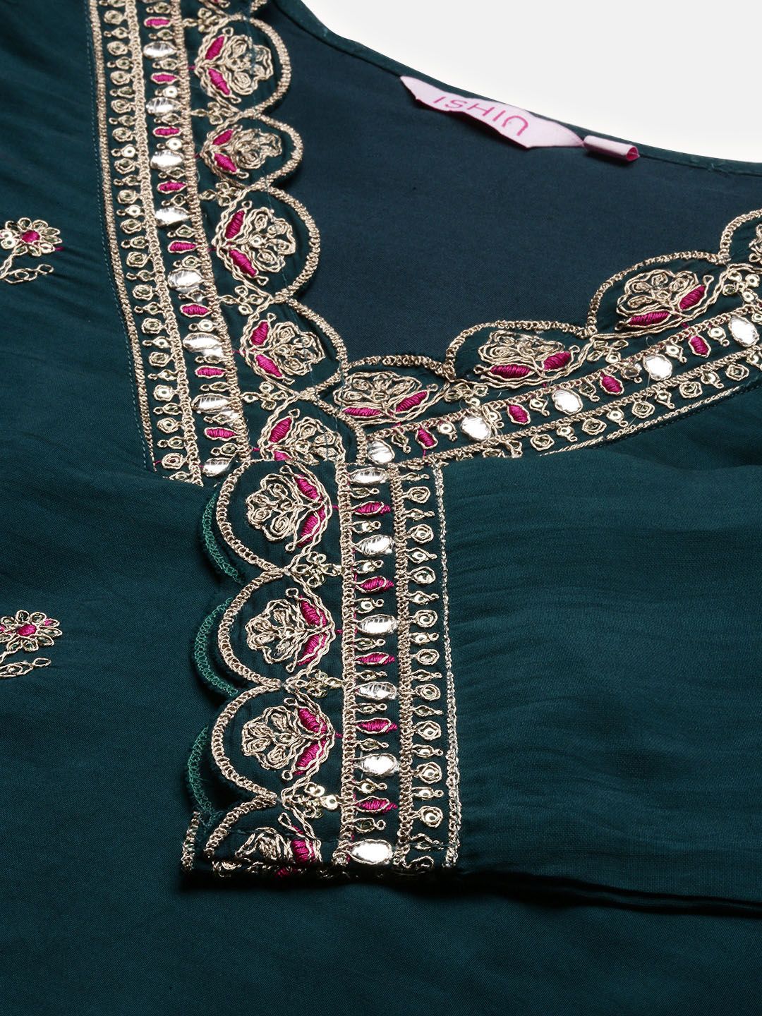 Dhiyona IS Women's Green Embroidered Regular Sequinned Straight Kurta With Trousers & Duppatta
