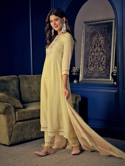 Dhiyona CH Women Floral Embroidered Pleated Sequinned A-Line Kurta with Trousers & Dupatta