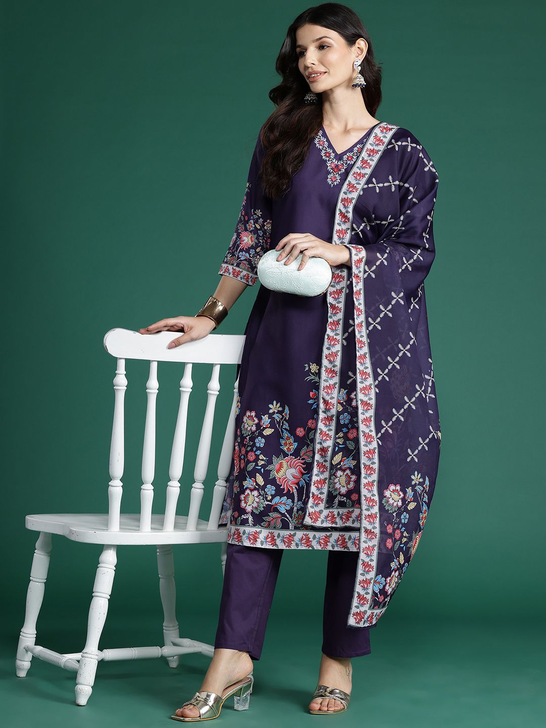 Dhiyona IE Floral Printed Thread Work Kurta With Trousers & Dupatta