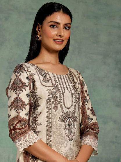 Dhiyona LL Beige Printed Ethnic Motifs Sequinned Straight Kurta With Palazzos & Dupatta