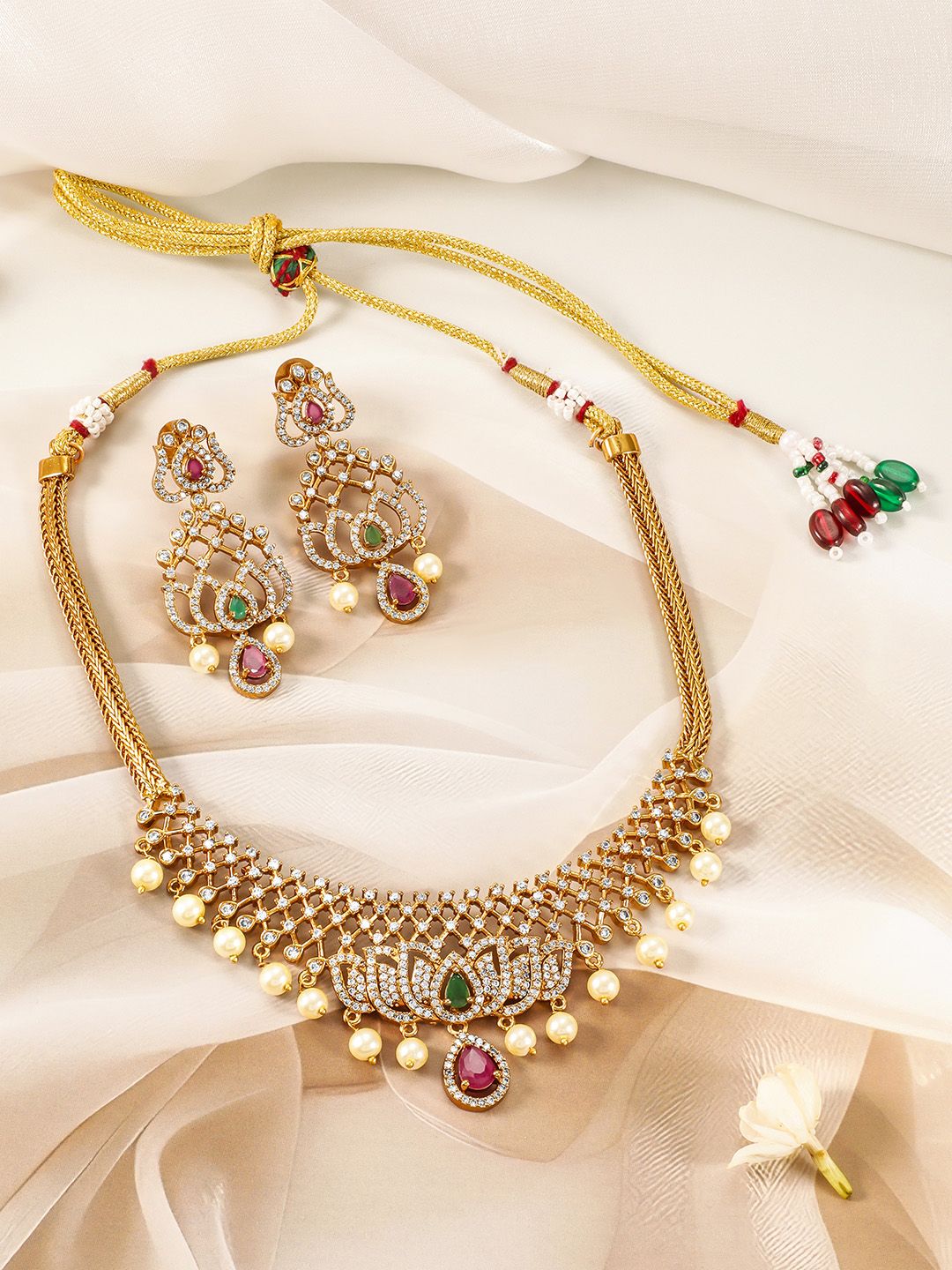 Dhiyona RJ Women's 22KT Gold-Plated Cubic Zicronia Studded & Pearls Beaded Lotus Motif Jewellery Set