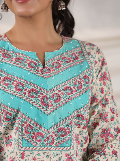 Dhiyona RR Women's Floral Printed Regular Sequinned Pure Cotton Kurta with Trousers