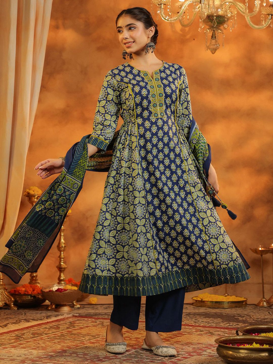 Dhiyona RR Women's Ethnic Motifs Printed Pure Cotton Anarkali Kurta with Trousers & Dupatta