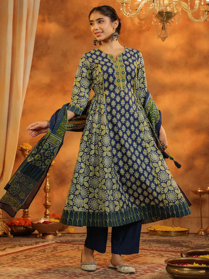 Dhiyona RR Women's Ethnic Motifs Printed Pure Cotton Anarkali Kurta with Trousers & Dupatta