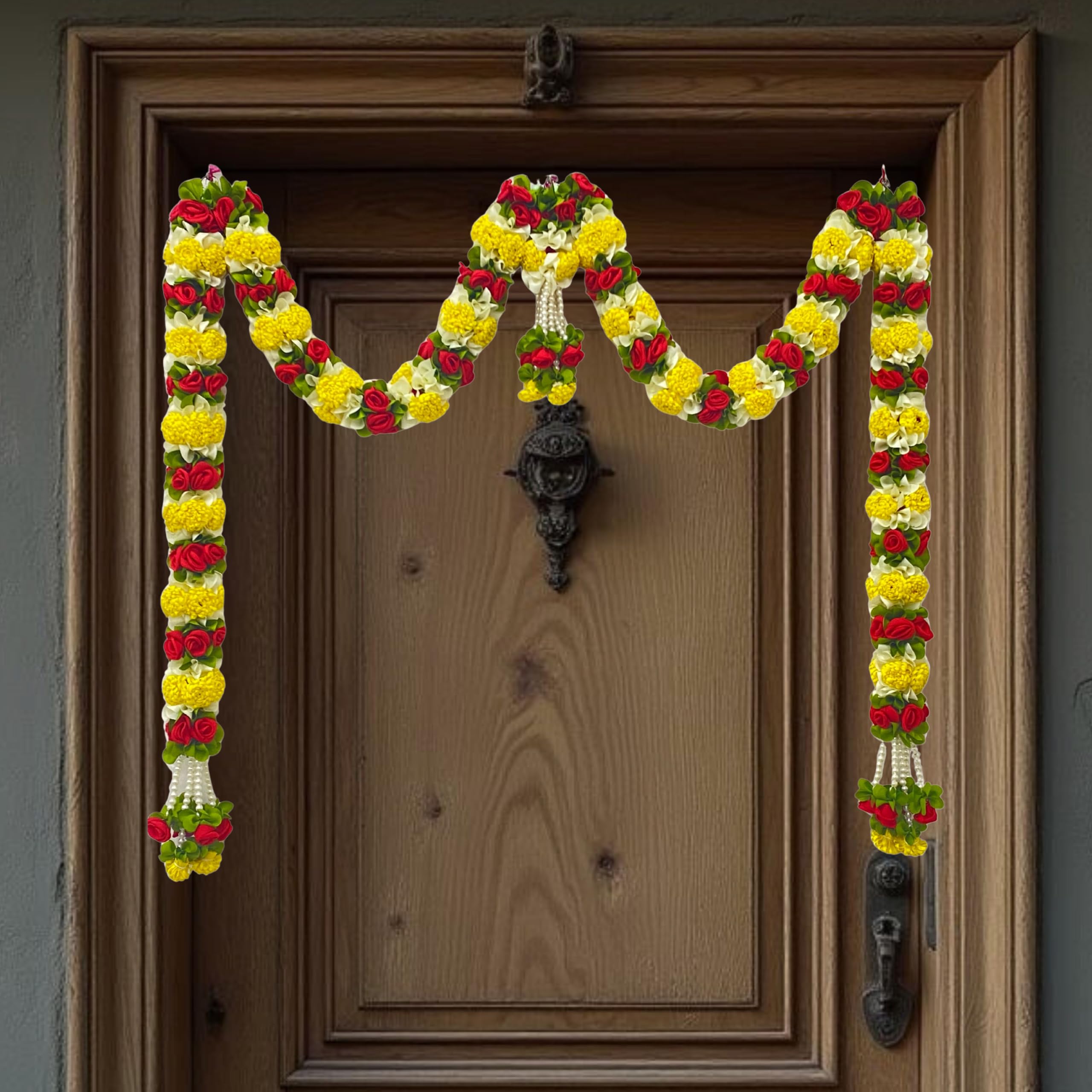 Yellow & Red Hanging Artificial Flower Toran for Main Door Entrance, Reusable Thoran for Pooja Mandir, Living Room & Home Décor, Bandarwal for Festival Decoration (56x33 inch)