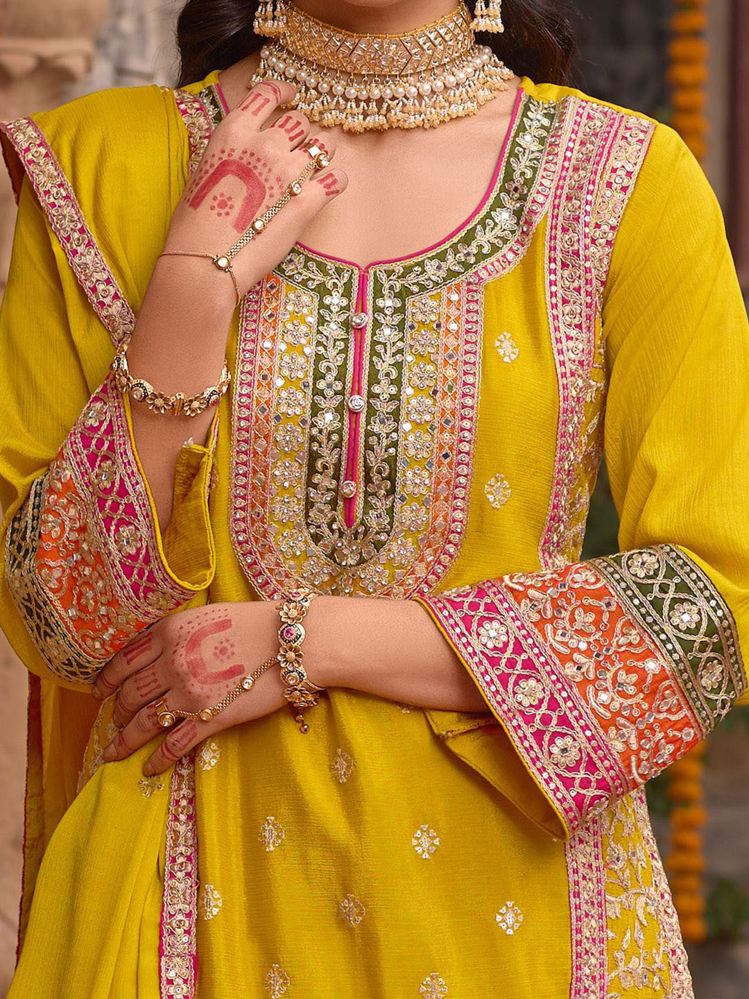 Embroidered Sequinned Kurti With Sharara & Dupatta