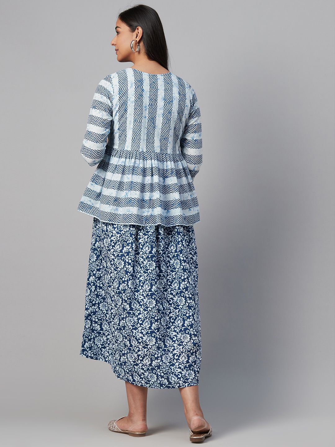 Dhiyona AY Women's Blue & White Ethnic Motifs Printed Cotton Maternity A-Line Dress with Ethnic Jacket