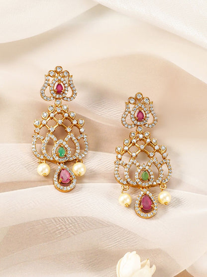 Dhiyona RJ Women's 22KT Gold-Plated Cubic Zicronia Studded & Pearls Beaded Lotus Motif Jewellery Set