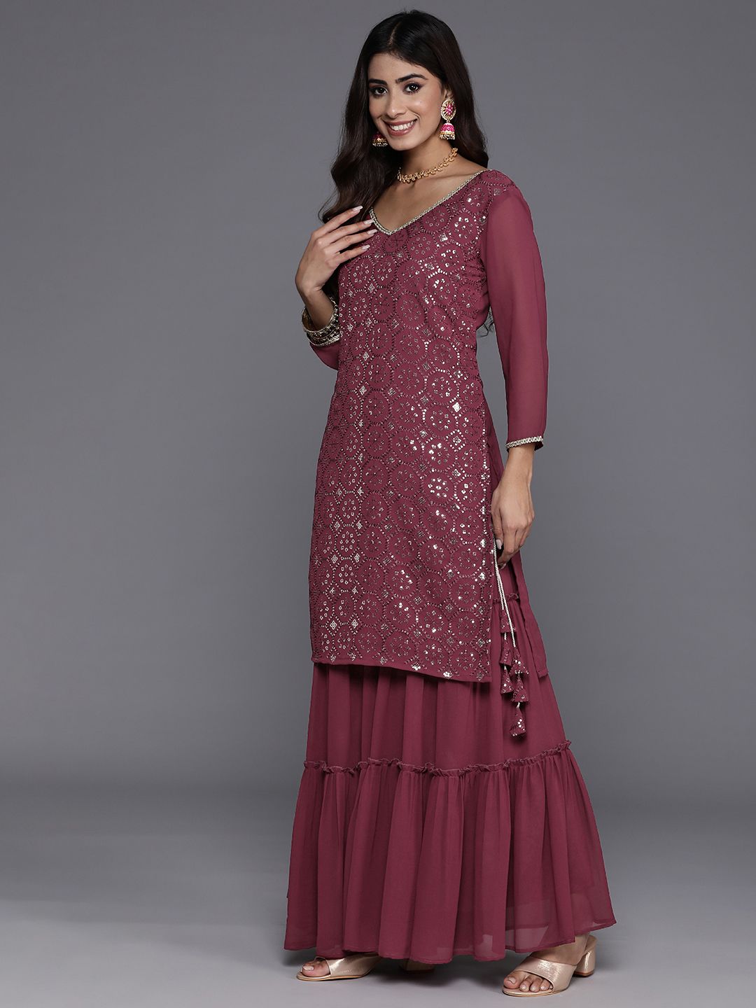 Dhiyona IE Women Embroidered Straight Sequinned Kurta with Sharara & With Dupatta