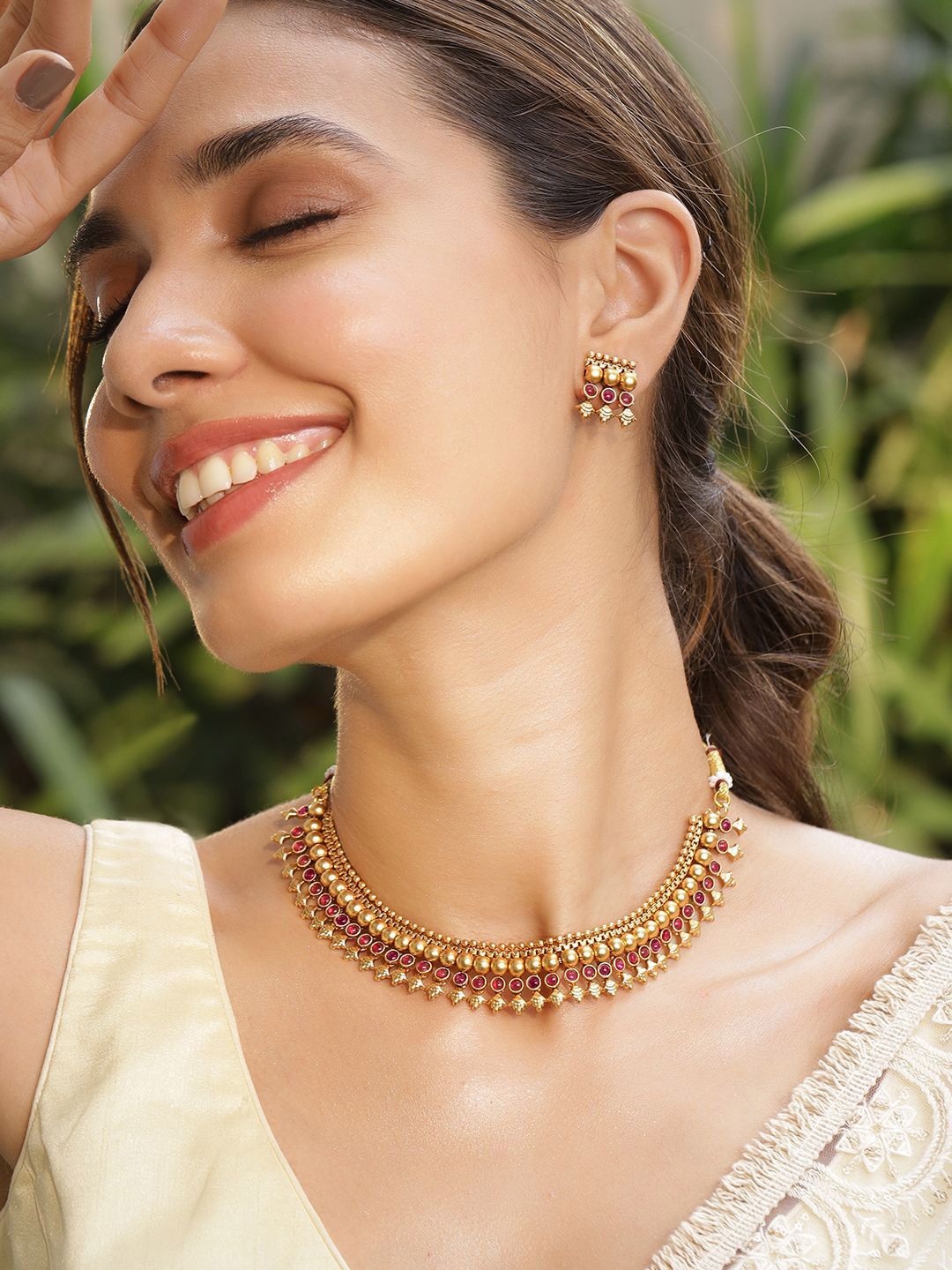 Dhiyona RJ Women's 22K Gold-Plated Ruby Studded Golden Beaded Traditional Necklace Set