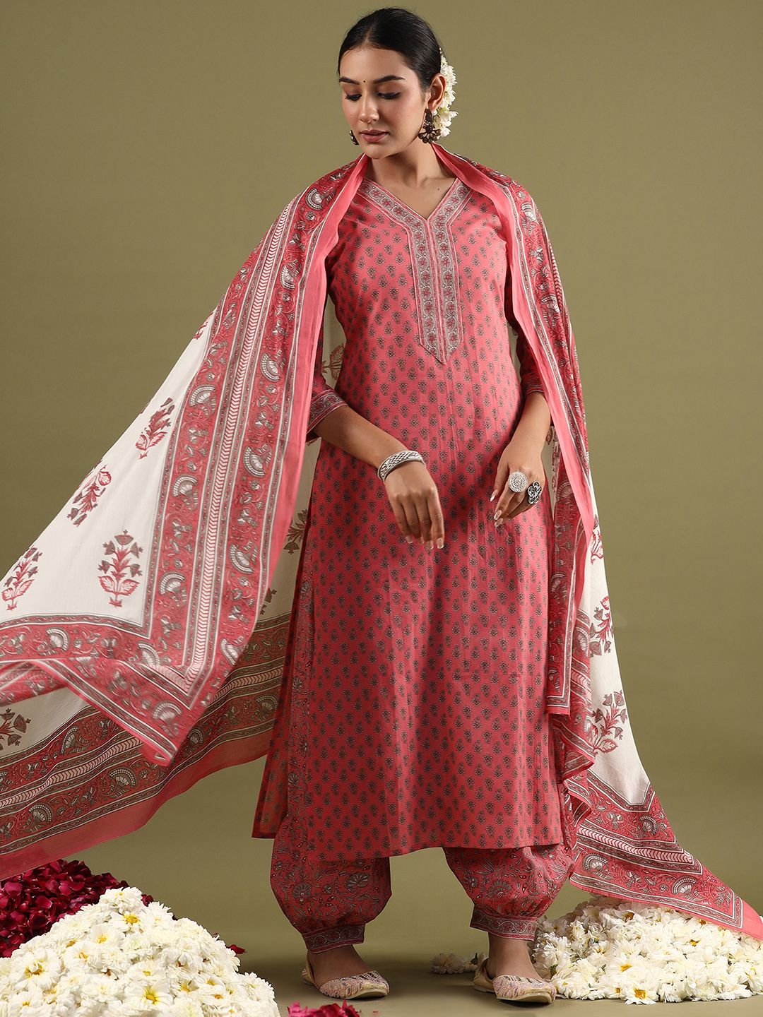 Dhiyona IE Ethnic Motifs Printed Pure Cotton Straight Kurta With Salwar & Dupatta