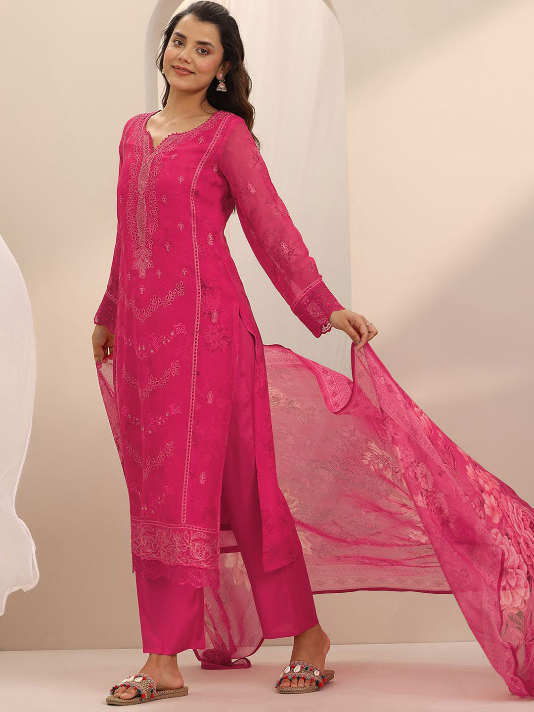 Floral Embroidered Notch Neck Thread Work Straight Kurta With Trousers & Dupatta