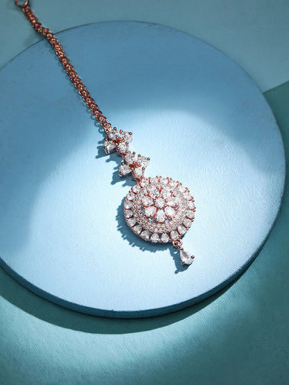Dhiyona RJ Women's Rose Gold-Plated White AD-Studded Round Shaped Maangtikka