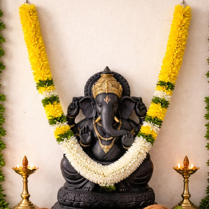 Flower Garland for Pooja Mandir Decoration, 40 Inches Hanging Mala for Photo Frame, Haar Mala for God Idols, Photo Frames of Loved Ones, Ancestors, Pitra & Pooja Room Décor (Yellow)