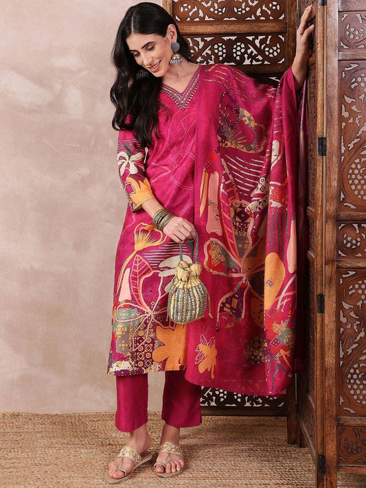 Dhiyona KL Floral Printed V Neck A-Line Kurta With Trousers & Dupatta