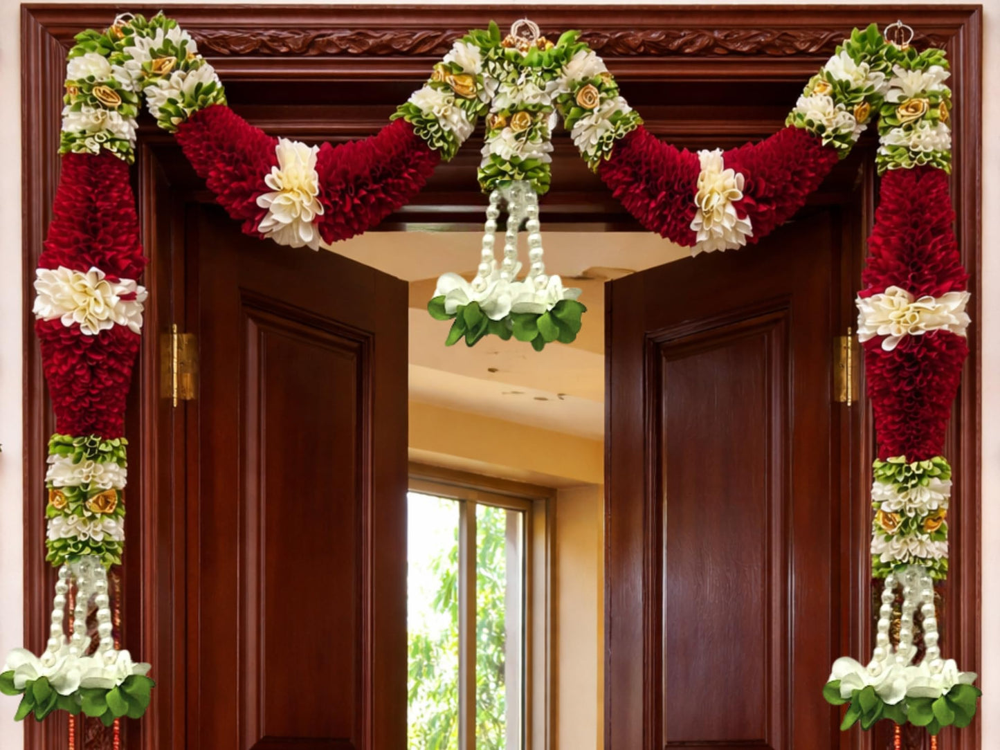 Maroon & Cream Hanging Artificial Flower Toran for Main Door Entrance, Reusable Thoran for Pooja Mandir, Living Room & Home Décor, Bandarwal for Festival Decoration (42x25 inch)