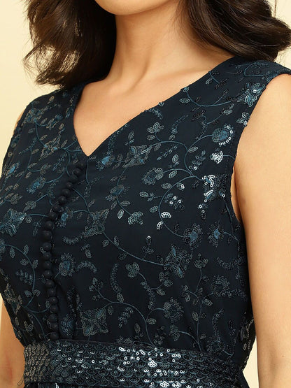 Dhiyona VA Floral Embroidered Empire Sequinned Silk Georgette Kurta With Sharara & Dupatta