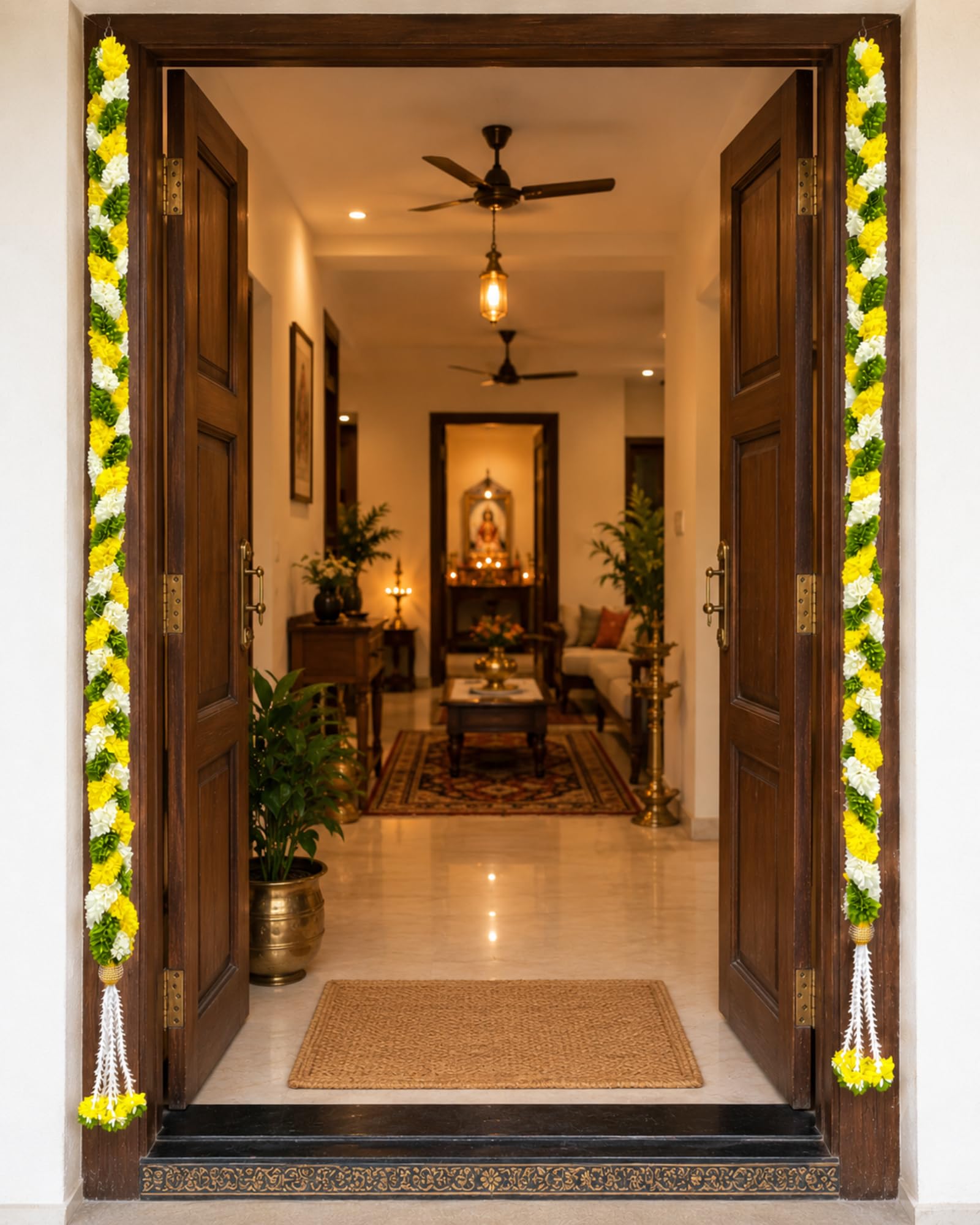 Artificial Flower Thoran Garland for Door Decoration | Parrot Green Lemon & Cream Floral Hanging for Diwali, Wedding, Pooja & Festive Home Décor | Traditional Toran Mala (84 Inch)