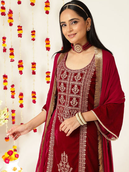 Dhiyona VA Burgundy Ethnic Motifs Embroidered Velvet Kurta With Palazzos & Dupatta