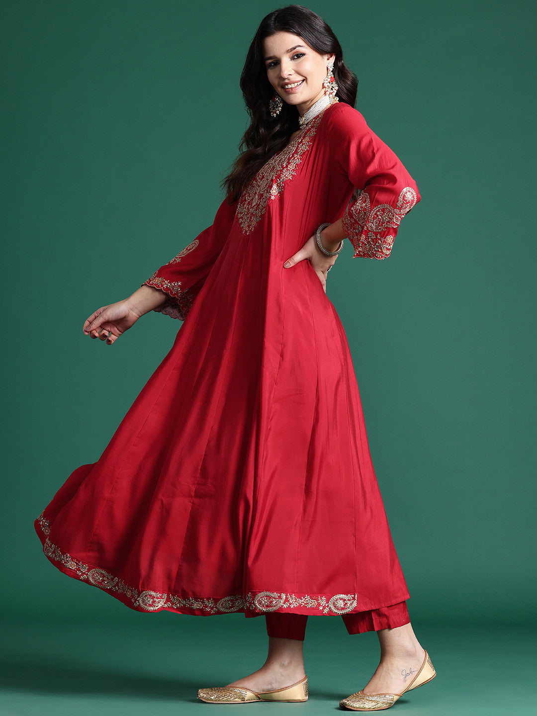 Floral Embroidered Sequinned Kurta With Trousers & Dupatta