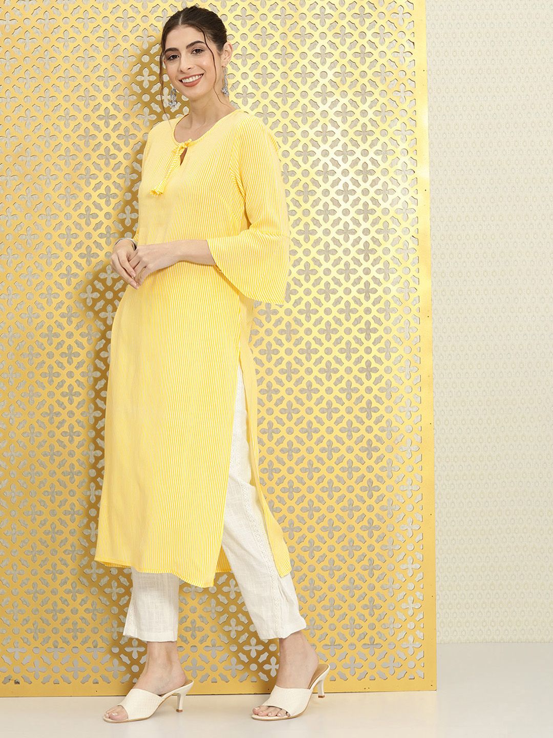 Dhiyona OD  Women Yellow & White Striped Bell Sleeves Rozana Kurta