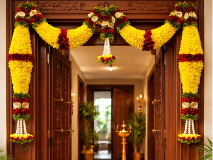 Yellow & Red Hanging Artificial Flower Toran for Main Door Entrance, Reusable Thoran for Pooja Mandir, Living Room & Home Décor, Bandarwal for Festival Decoration (42x25 inch)