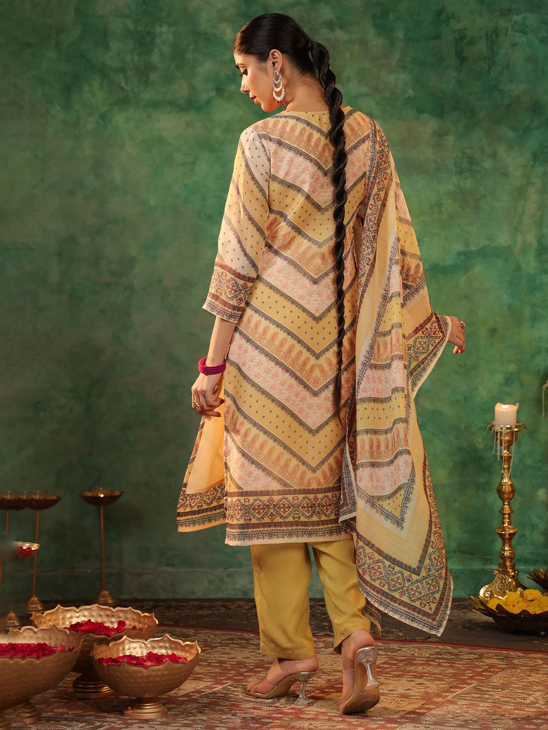 Dhiyona RR Women's Printed Beads and Stones Straight Kurta with Trousers & Dupatta