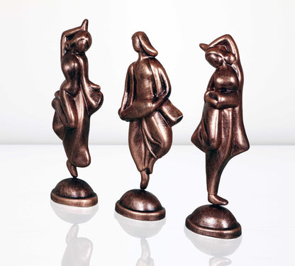 Niharika Collections Handmade Clay Terracotta Abstract Sculpture Dholak Dancer Idol for Gifts and Décor |Metallic Bronze| Set of 3