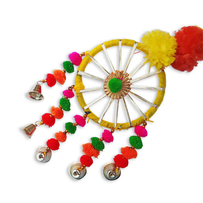 Artificial Marigold Fluffy Flowers Garland String with Bells Ring Pom Pom Rajasthani Wall Door Hanging Latkans Handmade Toran Decoration 2.9 Ft Height (4 Piece)