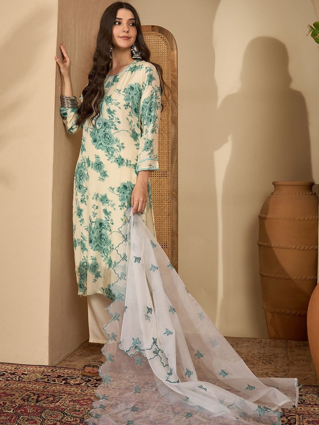 Women Floral Printed Regular Organza Kurta with Trousers And Embroidered Dupatta