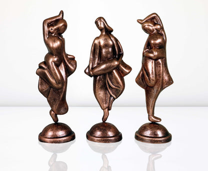 Niharika Collections Handmade Clay Terracotta Abstract Sculpture Dholak Dancer Idol for Gifts and Décor |Metallic Bronze| Set of 3