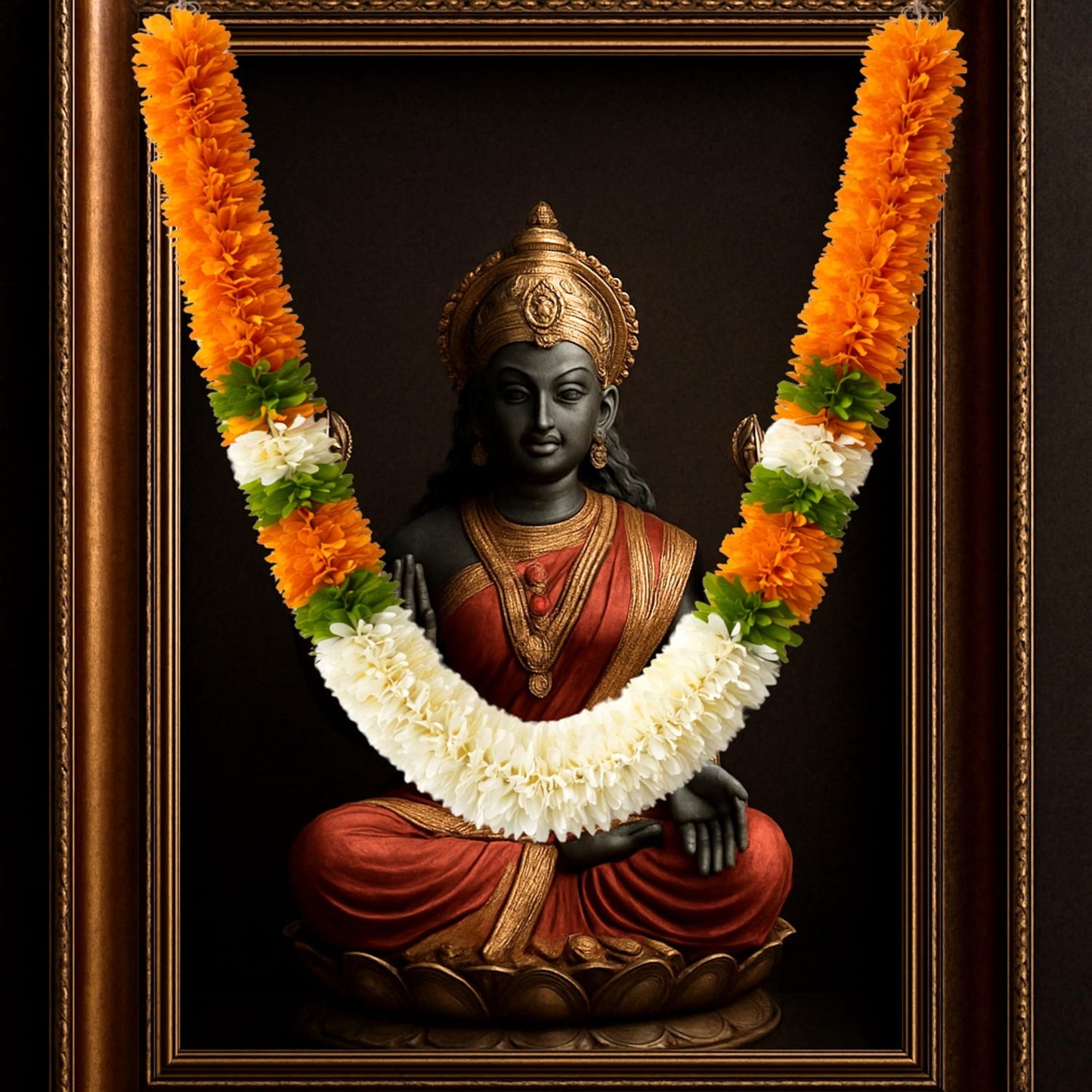 Flower Garland for Pooja Mandir Decoration, 40 Inches Hanging Mala for Photo Frame, Haar Mala for God Idols, Photo Frames of Loved Ones, Ancestors, Pitra & Pooja Room Décor (Orange)