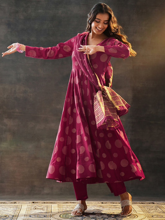 Womens Maroon Woven Design Anarkali Kurta With Palazzos & Dupatta