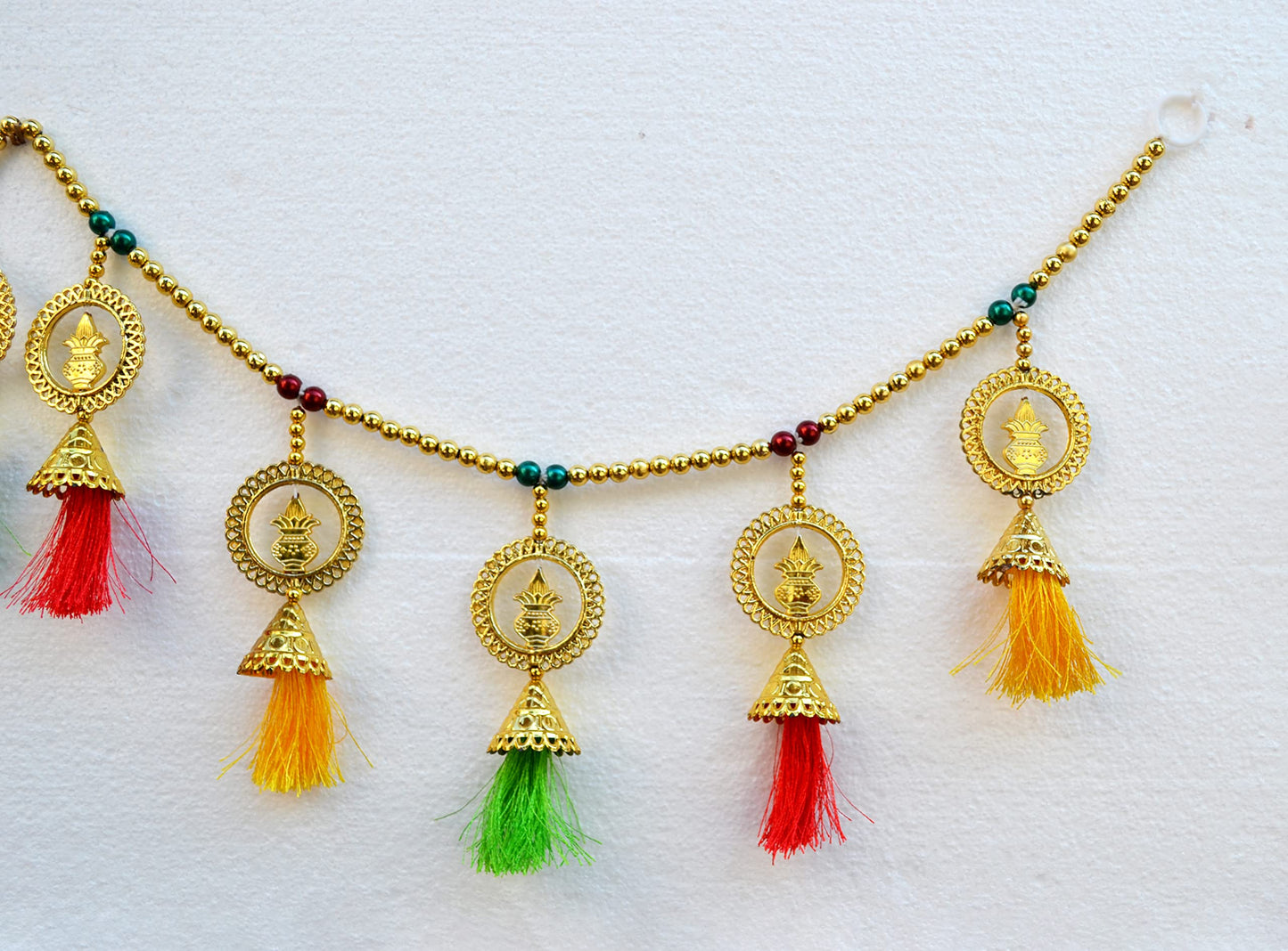 Kalash Pearl Beads Toran, Traditional Toranam, Pom Pom Hanging Bandarwal for Main Entrance Door Pooja Room Wall Home Decoration Handmade Latest Traditional Design (Type 12)