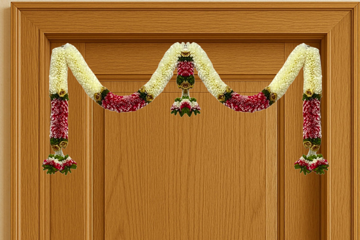 Artificial Flower Door Toran for Main Door Decoration, Golden Yellow & Maroon Floral Hanging Bandarwal for Home, Mandir, Wedding, Festival & Pooja Décor