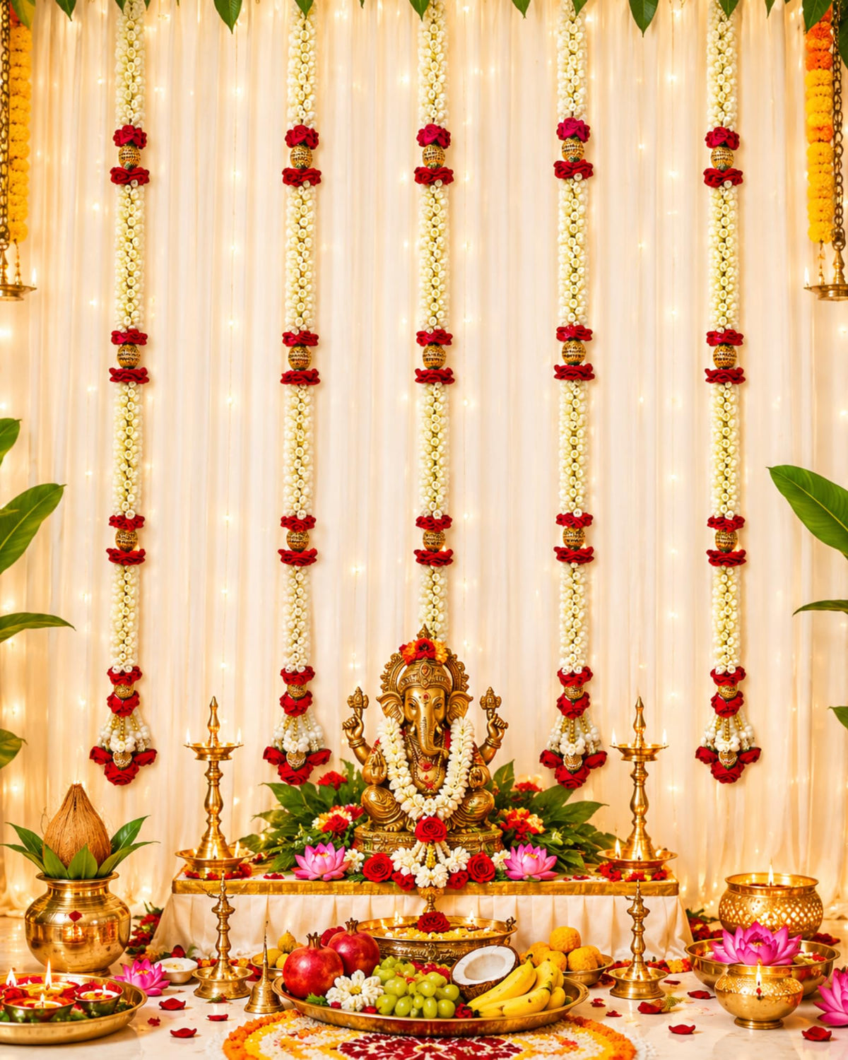 Artificial Flower Hanging Garlands for Decoration, White and Red Flower Strings, 60 Inch 4 Floral Hanging for Mandir, Wedding, Festival, Door, Wall & Home Décor