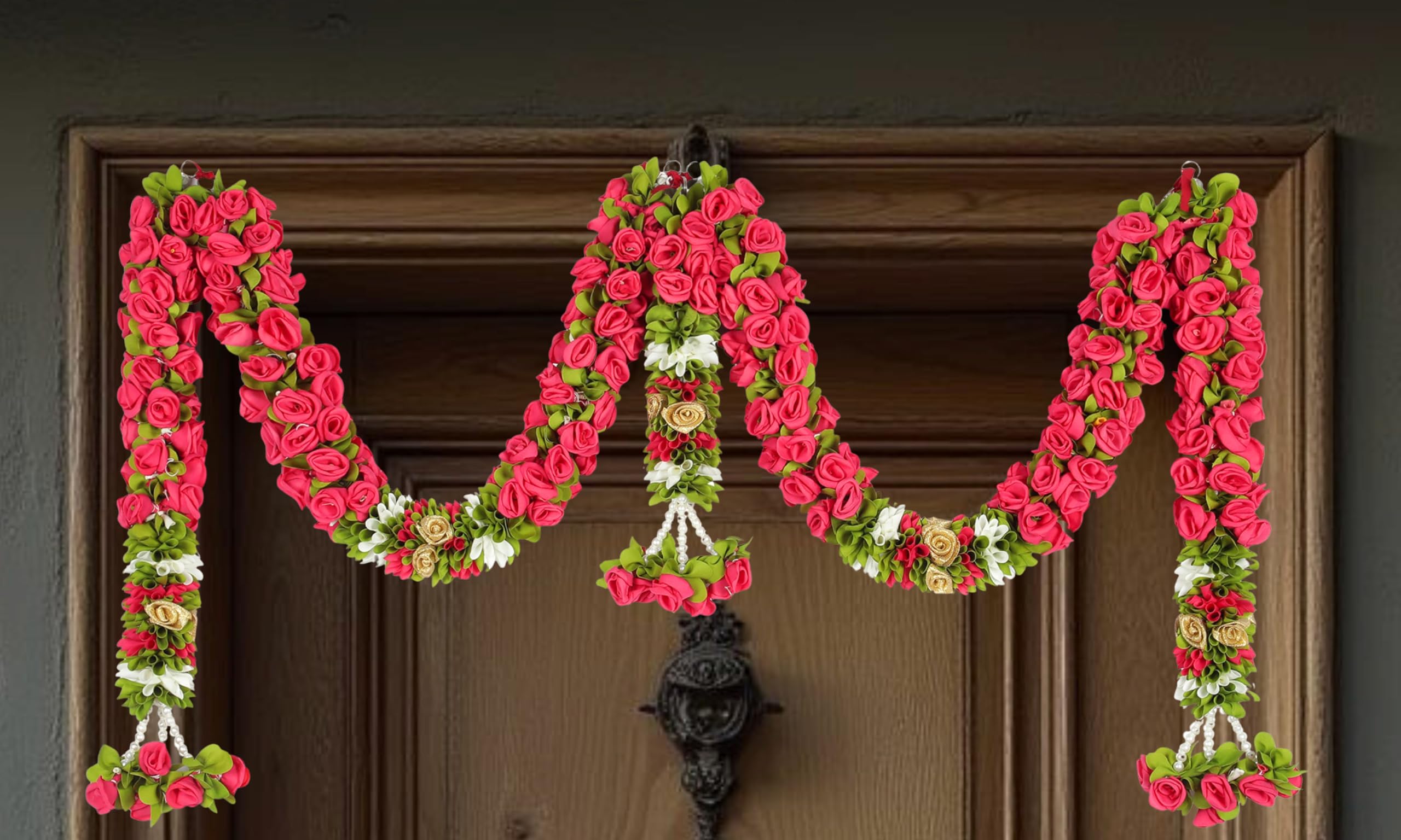 Toran for Main Door Entrance, Bandarwal for Festival, Pooja Mandir & Wedding, Handmade Traditional Flower Hanging for Home & Office Decor (42 inches 18 inches) Pink